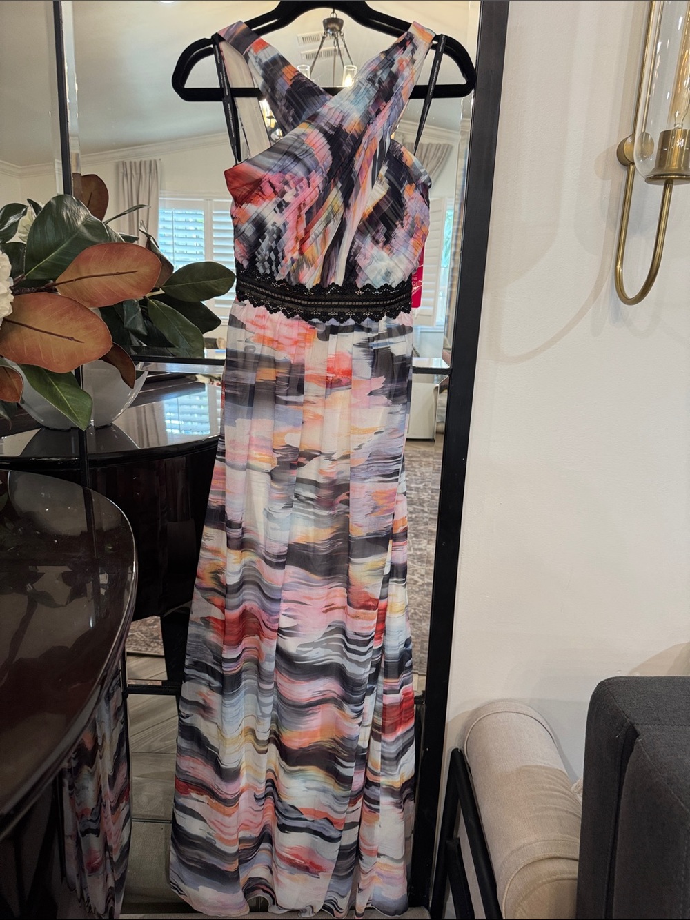 Little Mistress Multicolor Cross-Back Maxi Dress with Black Lace Waist